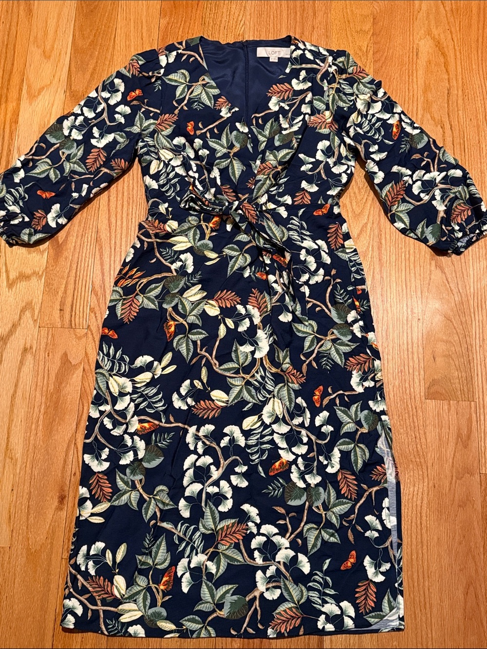 LOFT Navy Botanical 3/4 Sleeves Midi Dress With  Green Cream Leaf Print Size 4P